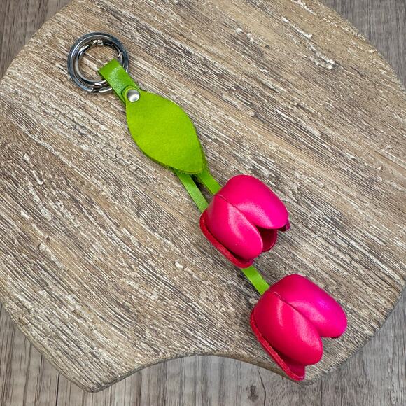 Leather Bright Pink Tulip Purse Charm Genuine Leather Tulip Spring Bag Charm - Picture 4 of 6